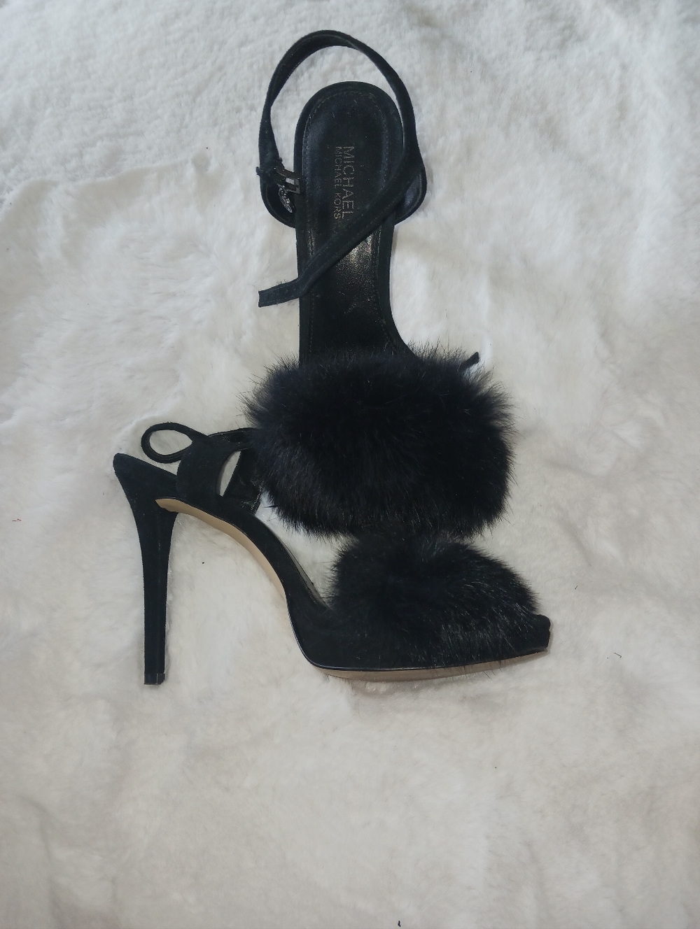 Micheal Kors Faye Rabbit Fur High Heel Platform Sandal.